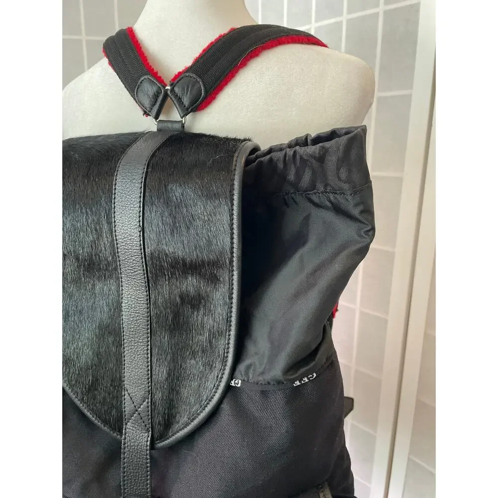 Gianfranco Ferre Nylon Backpack Leather Trim Foal Hair Flap Designer Italy Luxe